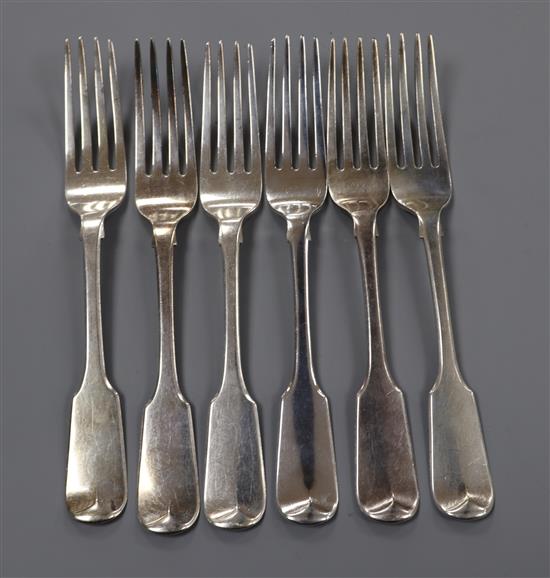 A set of six George IV silver fiddle pattern tableforks, William Eaton, London, 1825, 11.5 oz.